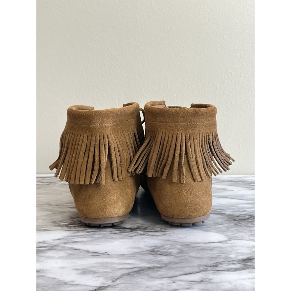 Minnetonka Fringe Moccasin Ankle Boots Brown Suede Southwestern Tie Boho 7.5 - Picture 3 of 9